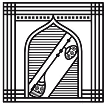 Black outline of a closed arched window with horizontal blinds inside a rectangular frame.