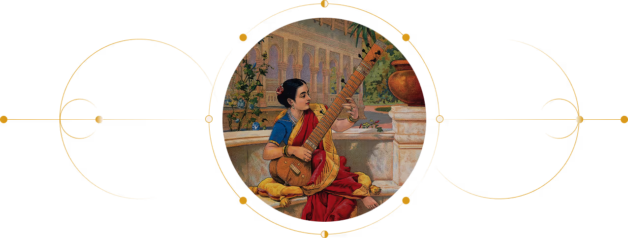 Painting of a woman in traditional Indian attire playing a sitar while seated on cushions in a garden setting.