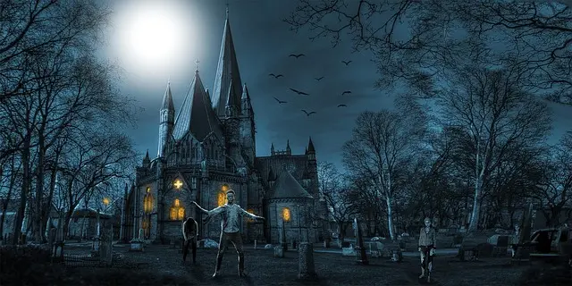 Château sombre et hanté avec des morts-vivants, illustrant un univers de Jeu de Rôle narratif intense.