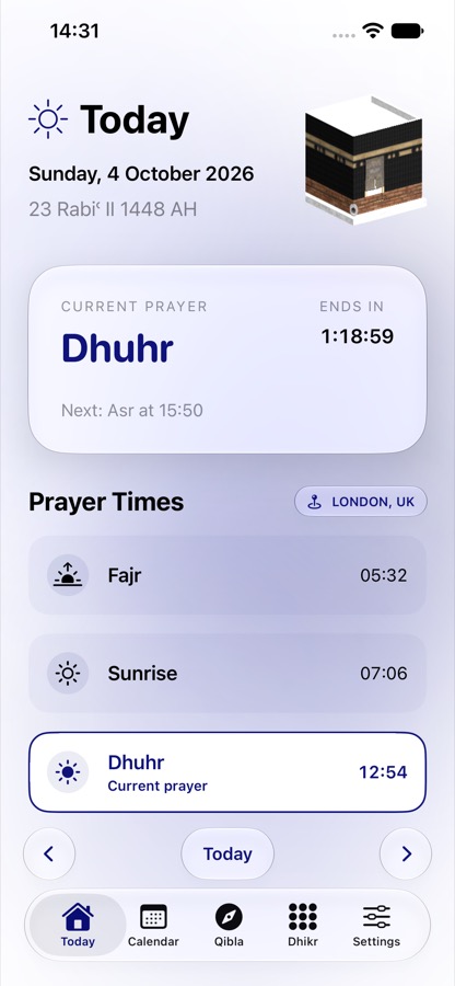 Salaah Today screen showing prayer times and the next prayer countdown