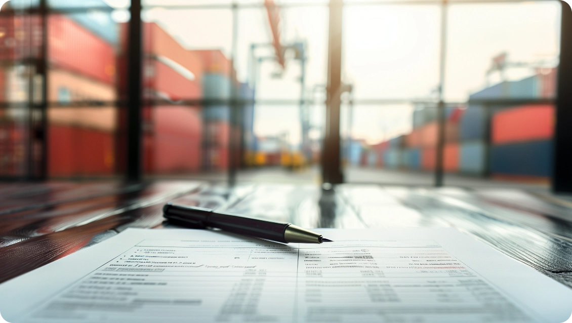 Pen resting on a document with blurred shipping containers in the background at a port.