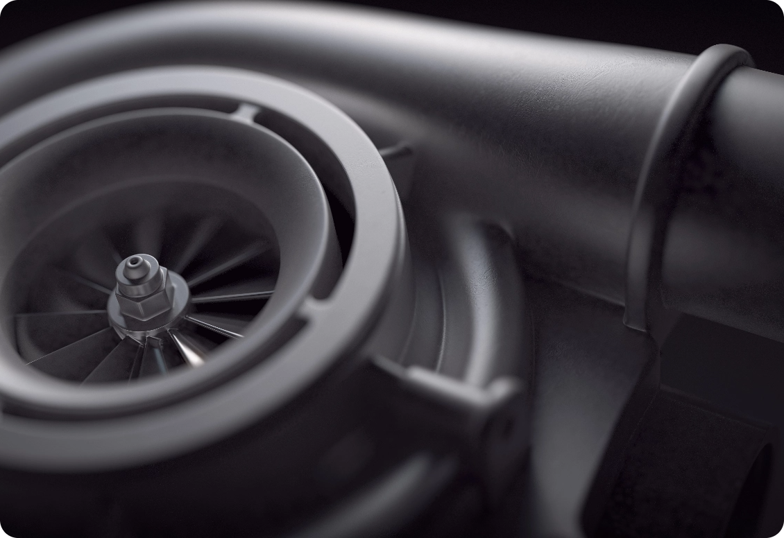 Close-up of a dark metallic wheel and housing.
