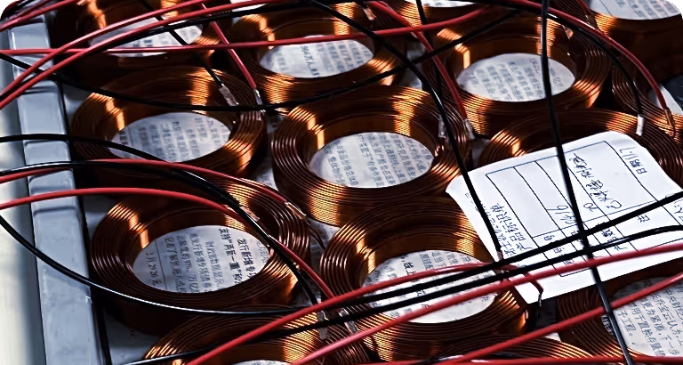 Copper coils and red and black electrical wires with a label containing text.