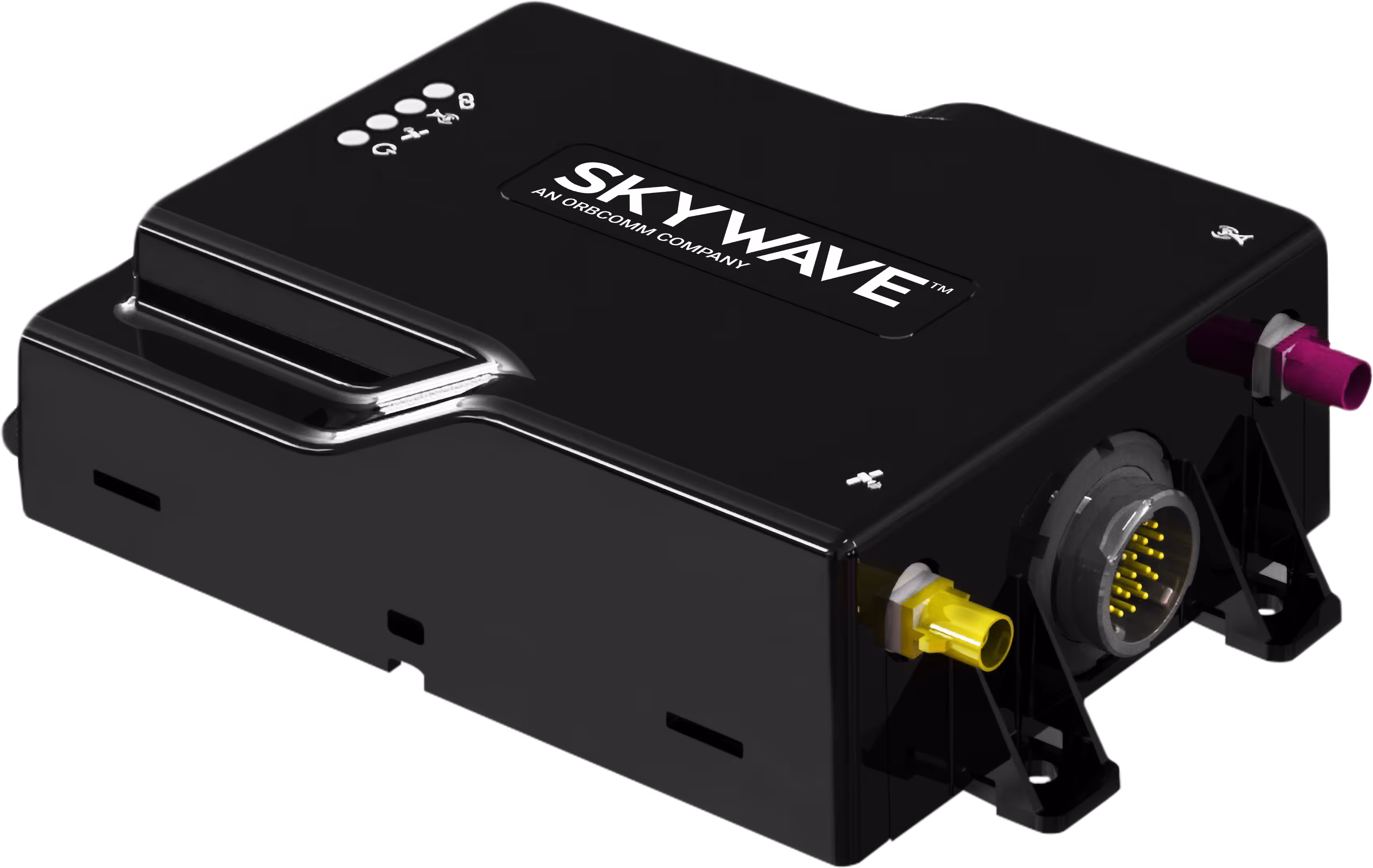 Black SkyWave device with ports and connectors on the sides, labeled as an ORBCOMM company.