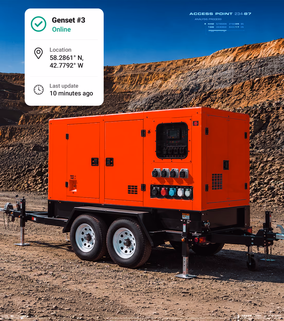Red portable generator on wheels at a rocky outdoor site with status showing online and 86% battery.