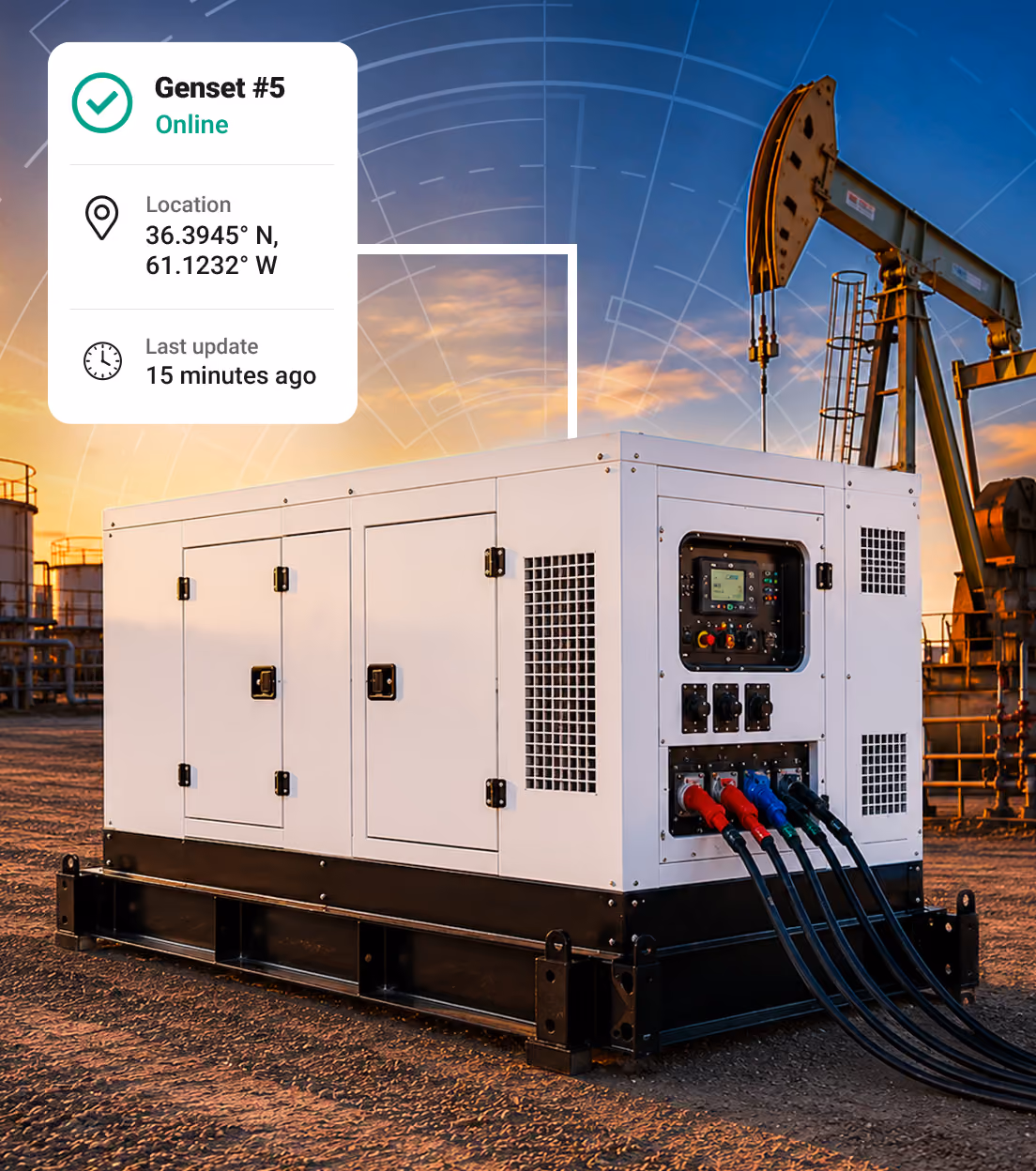 White industrial generator with cables connected, set outdoors near oil pump at sunset, showing battery status 62%.