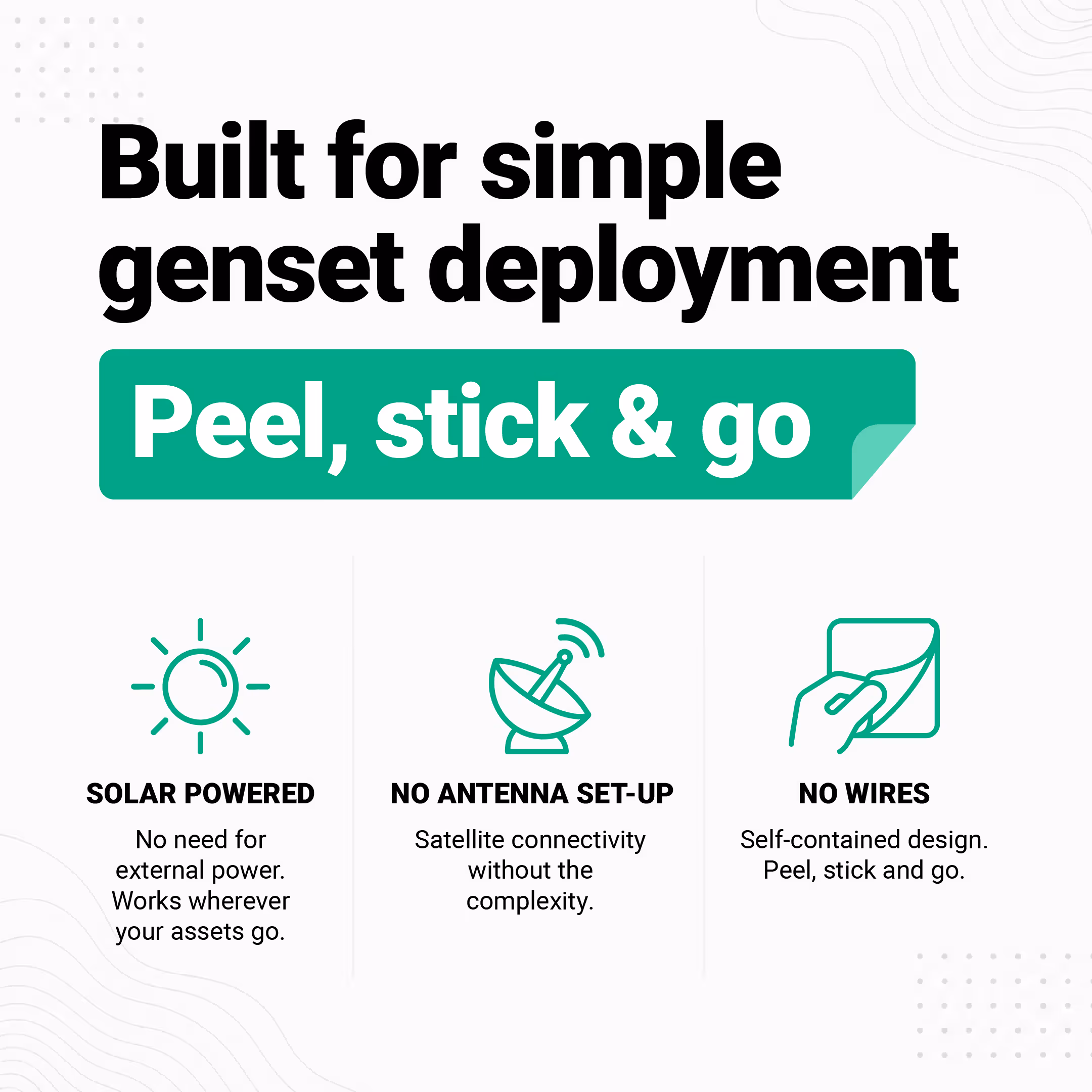Graphic showing SC 1000 features: solar powered, no antenna setup, and no wires for easy genset deployment.