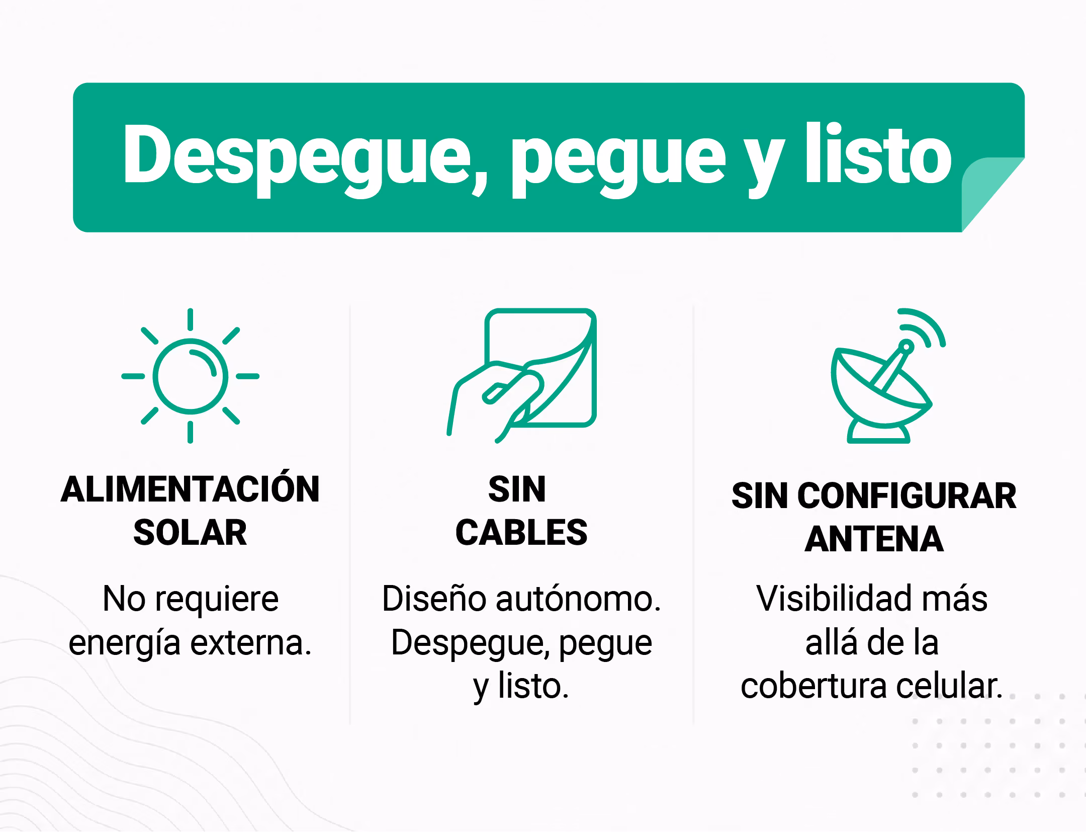 Gráfico que muestra las características del SC 1000: alimentado por energía solar, sin configuración de antena y sin cables para una fácil implementación en grupos electrógenos.