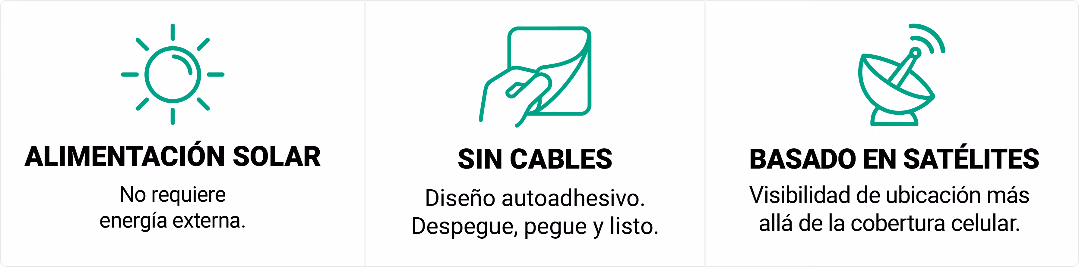 Three green icons with Spanish text: a sun for solar power requiring no external energy, a hand peeling a sticker for self-adhesive wireless design, and a satellite dish for satellite-based location visibility beyond cellular coverage.