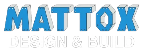 Mattox Design & Build logo with 3D blue and gray geometric letters