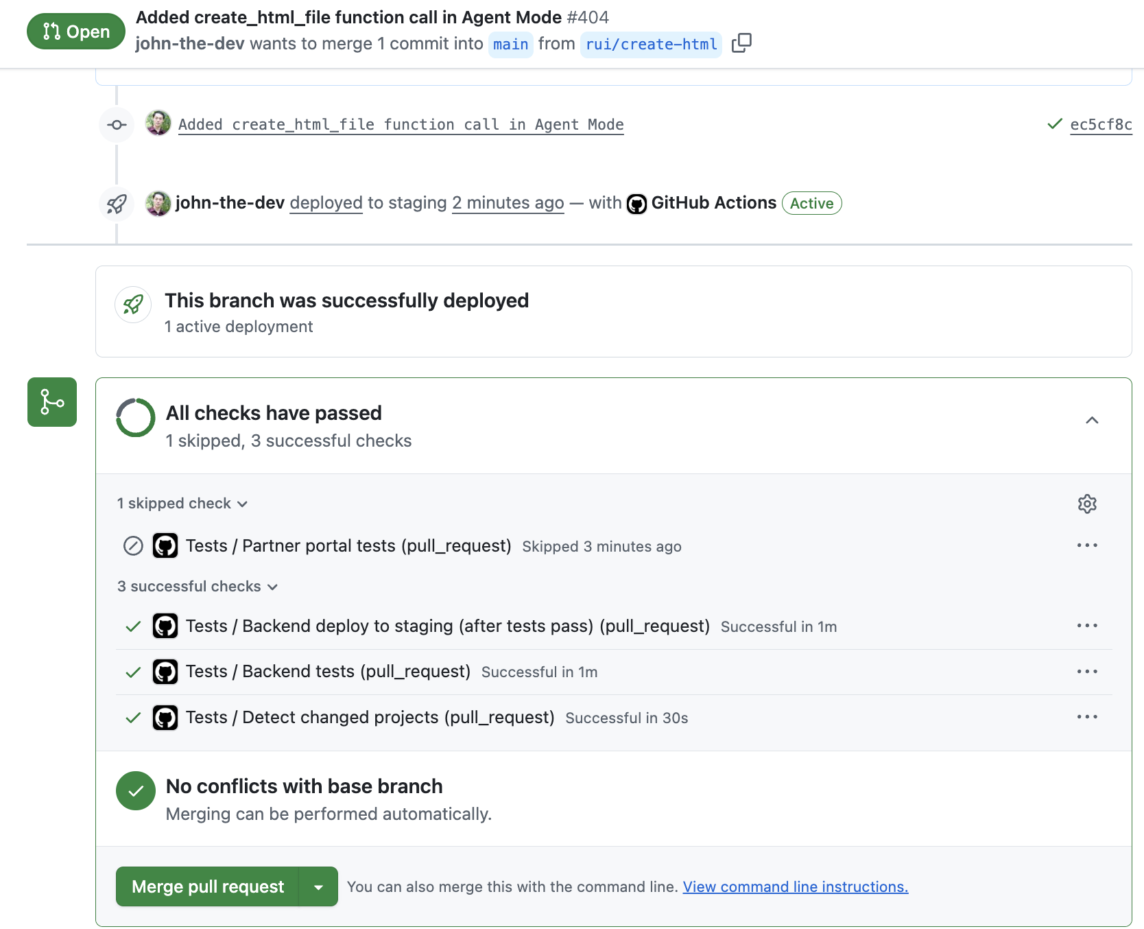 GitHub pull request showing feature implementation and passing checks