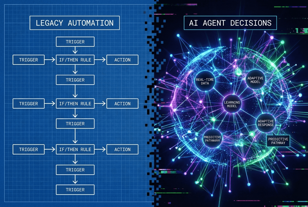 The shift from rigid, rule-based automation to flexible, agentic reasoning.