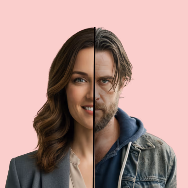 Split portrait of a smiling woman in business attire on the left and a serious man with a beard in casual worn clothing on the right against a pink background.