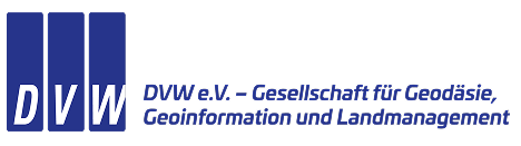 Logo of DVW e.V. with three blue vertical bars containing white letters D, V, and W, next to the text 'DVW e.V. – Gesellschaft für Geodäsie, Geoinformation und Landmanagement' in blue.