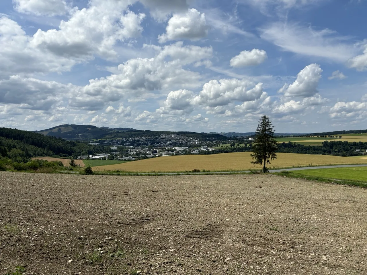 Aerial view of a densely packed urban area with reddish roofs, narrow streets, and a small green park in the center.