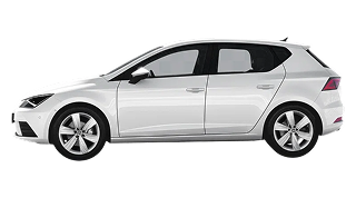 Side view of a white hatchback car on a transparent background.