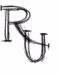 Black sketch-style uppercase letters R and U intertwined on a white background.