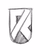 Black and white rough sketch of a shield divided diagonally with shaded sections on the bottom left and top right.
