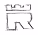 Black sketch of a stylized letter 'R' with a castle turret design on top.