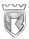 Hand-drawn shield emblem divided into two sections with a stylized geometric shape inside and a crown-like outline above.