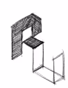 Hand-drawn sketch of an impossible three-dimensional geometric shape with overlapping cubes.