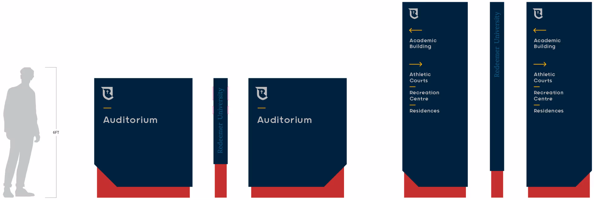 Comparison of two dark blue and red campus signs with white text and directional arrows, labeled 'Auditorium' and directions to Academic Building, Athletic Courts, Recreation Centre, and Residences, with a 6-foot human silhouette for scale.