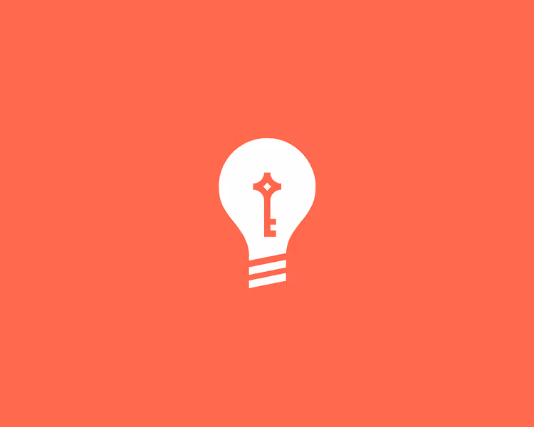 White light bulb icon with a key shape inside on a solid red-orange background.