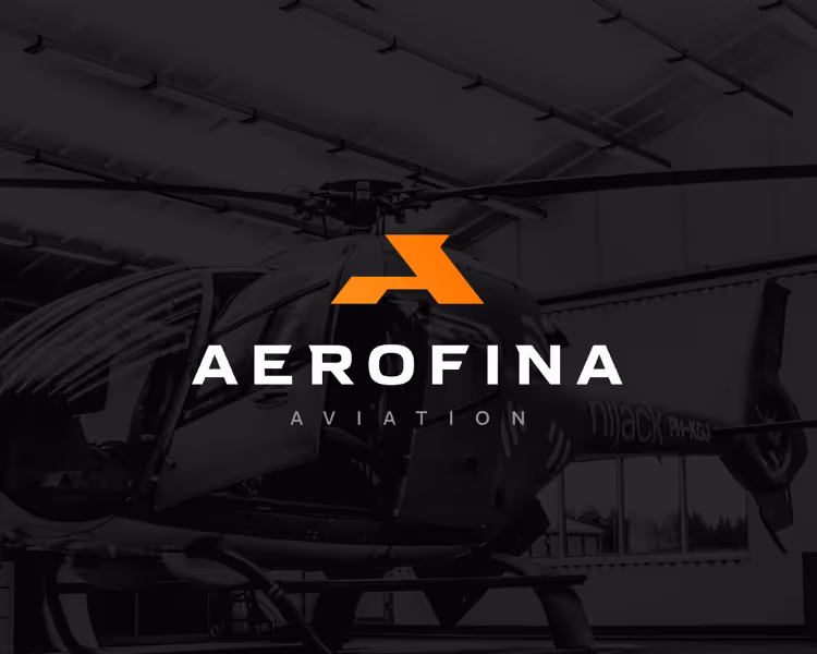 Helicopter inside a hangar with Aerofina Aviation logo overlay.