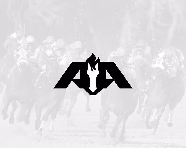 Black stylized logo of a horse's head with a flame on its forehead, flanked by two angular shapes resembling the letter A, on a faded background of a horse race.
