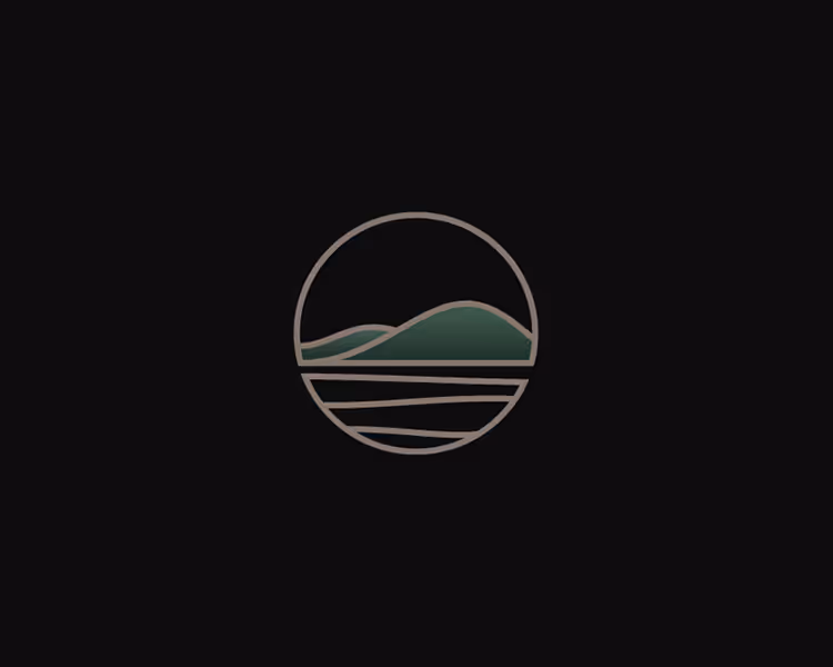 Minimalist circular logo with abstract green hills on top and horizontal lines below, on a black background.