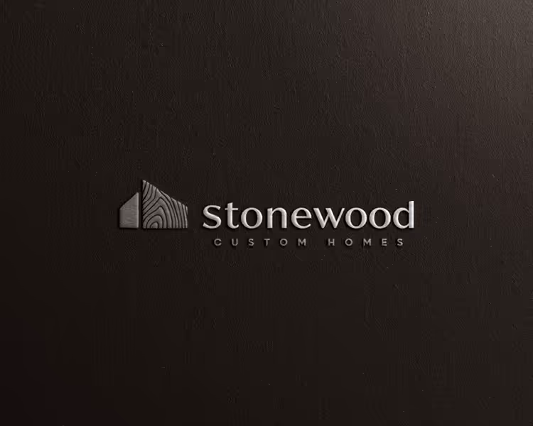 Stonewood Custom Homes logo with stylized house icon featuring wood grain texture on dark background.