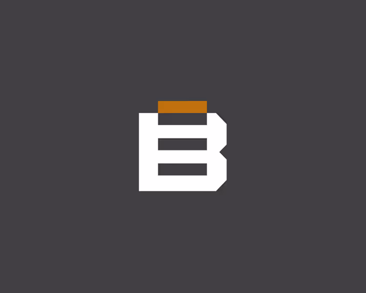 White stylized letter B with a small brown rectangular bar on top, set against a dark gray background.