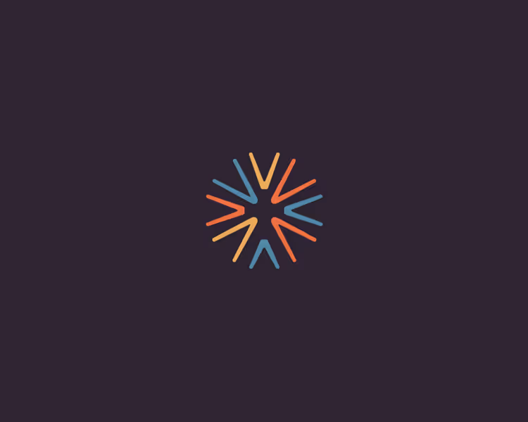 Colorful geometric starburst design with alternating blue, orange, and red arrow-like shapes on dark background.