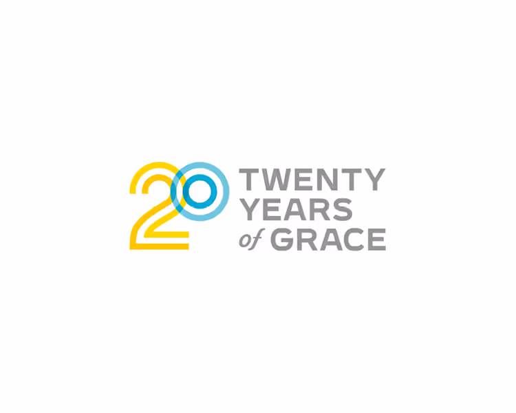 Graphic with overlapping yellow number 20 and blue circles, accompanied by text reading Twenty Years of Grace.