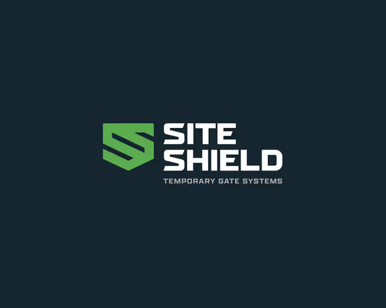 Logo for Site Shield Temporary Gate Systems with a green shield emblem and white text on dark background.