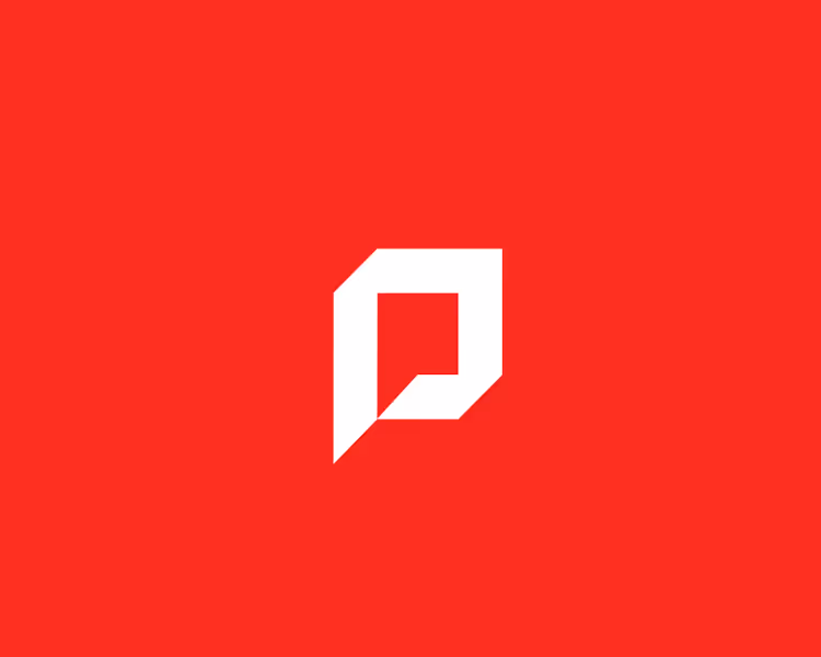 White stylized letter P logo on a solid red background.