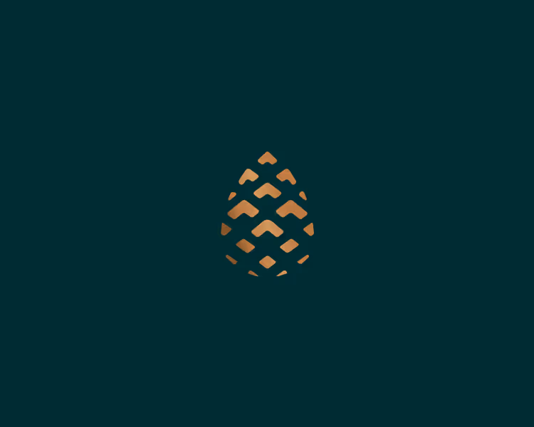Stylized golden pine cone icon on a dark green background.