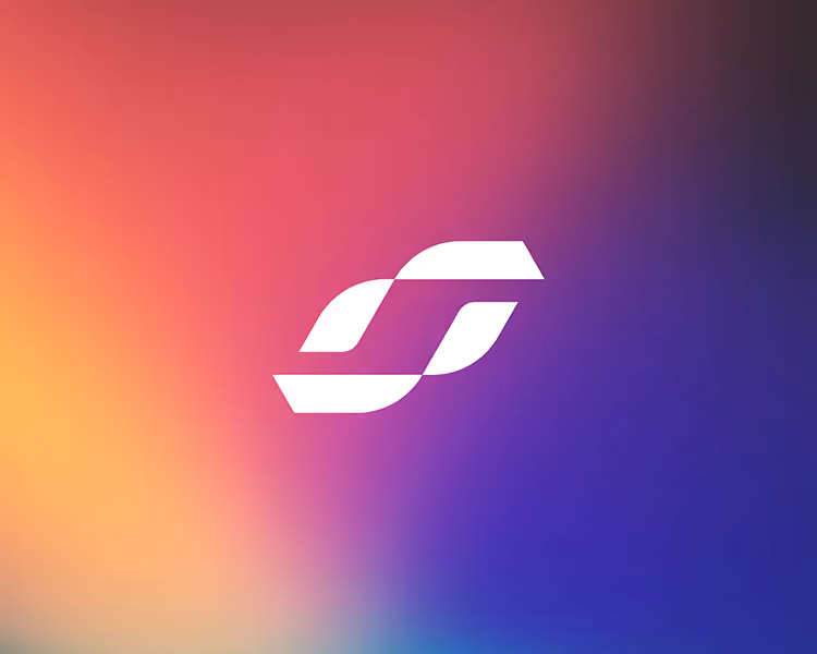 White abstract geometric logo with interlocking shapes on a vibrant gradient background of orange, pink, purple, and blue.