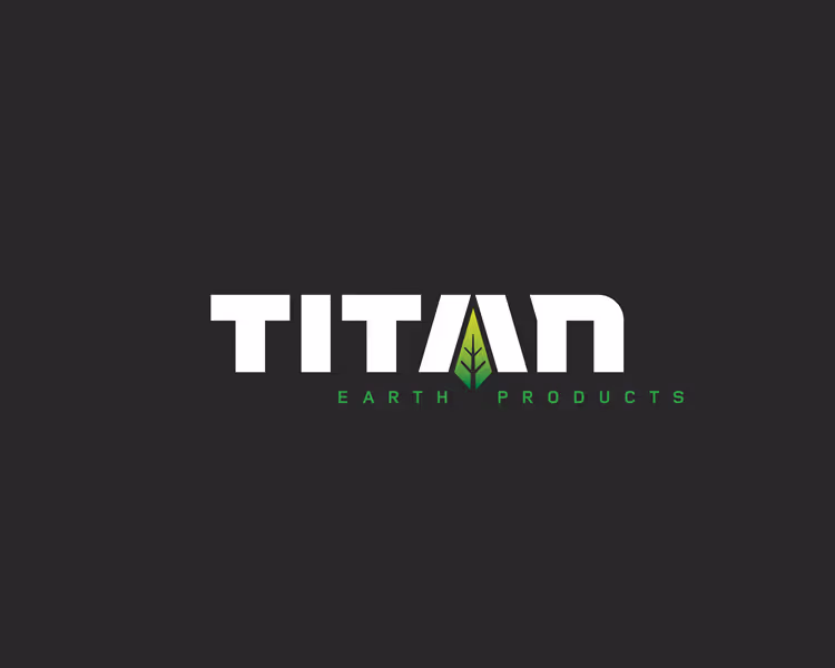 Logo for Titan Earth Products with the letter A stylized as a green leaf on a dark background.