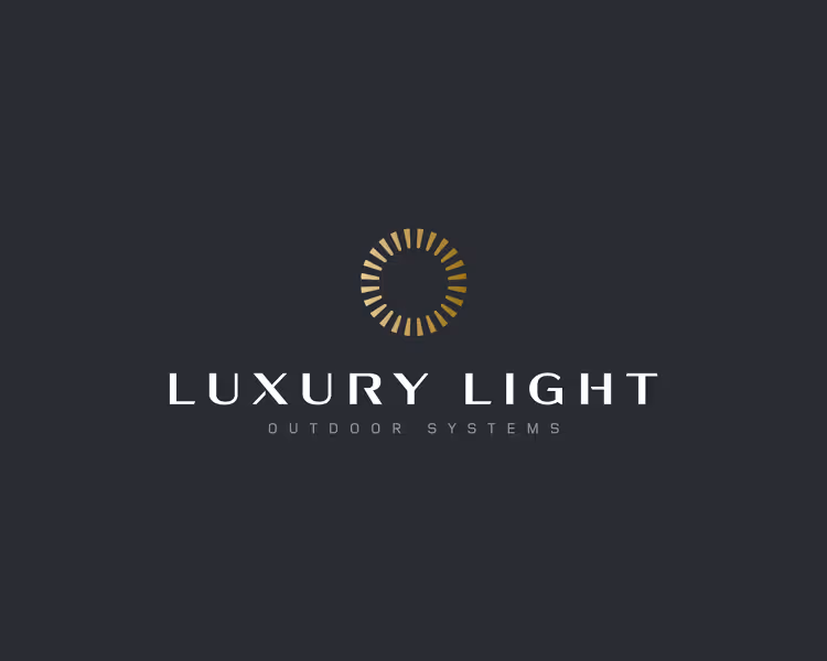 Luxury Light outdoor systems logo with a circular gold gradient symbol above the text on a dark background.
