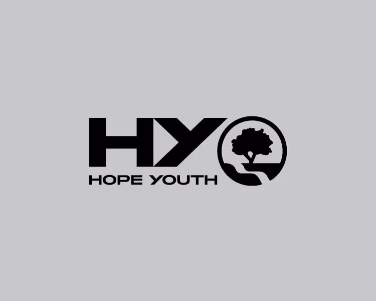 Black logo with stylized letters H and Y, a triangle, and a circular tree design with the text 'Hope Youth' underneath on a gray background.