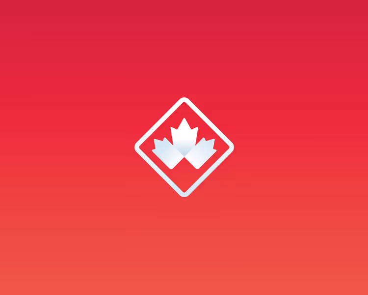 White stylized maple leaf logo inside a diamond shape on a red gradient background.