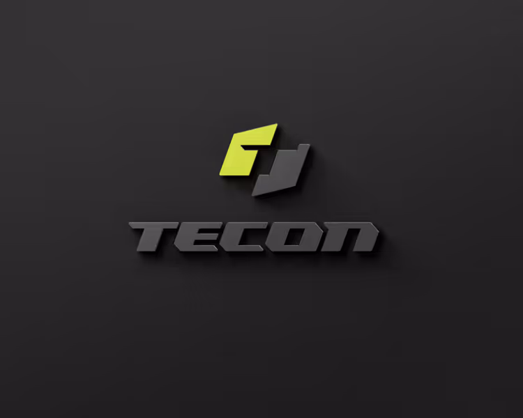 TECON logo with stylized letters and geometric shapes on a dark textured background.