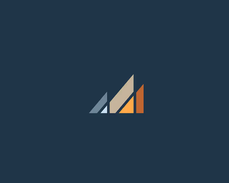 Abstract geometric logo with overlapping triangular shapes in blue, beige, orange, and brown on a dark blue background.