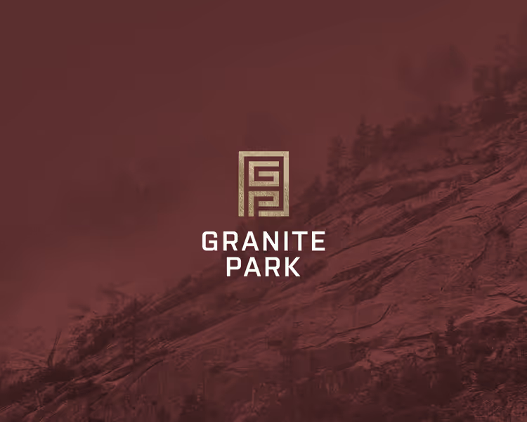 Granite Park logo with stylized GP letters above the text, over a rocky mountain background in dark red tones.