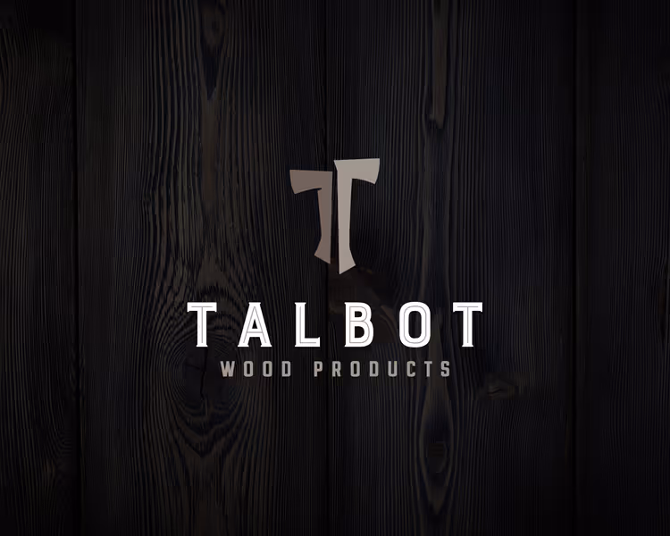 Talbot Wood Products logo with stylized T icon above the company name on dark wood grain background.
