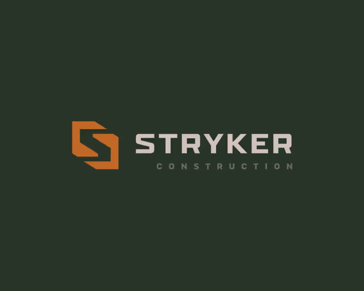 Stryker Construction logo with stylized orange S and text on dark green background.