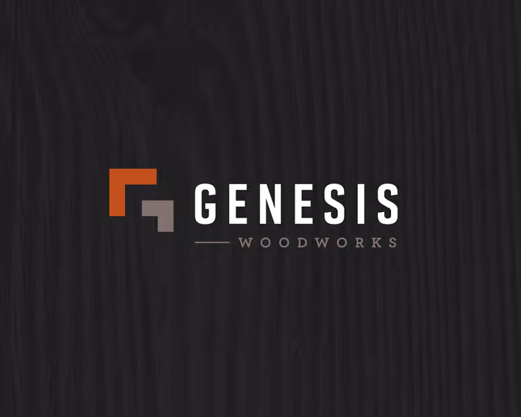 Logo for Genesis Woodworks with stylized geometric shapes on a dark wood grain background.