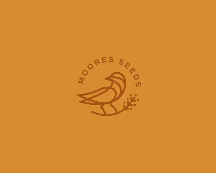 Minimalist bird icon standing on a branch with the text 'MOORES SEEDS' curved above it on a mustard yellow background.