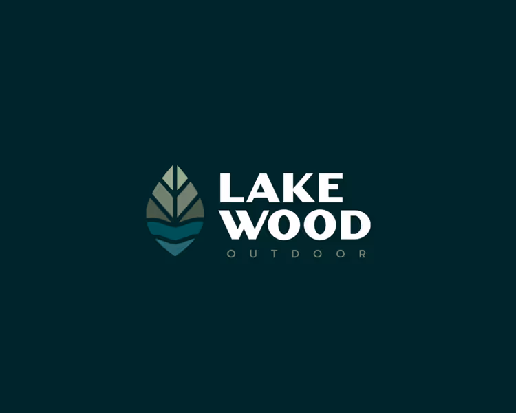 Lake Wood Outdoor logo featuring a stylized leaf with water waves inside next to the bold text 'LAKE WOOD OUTDOOR' on a dark background.